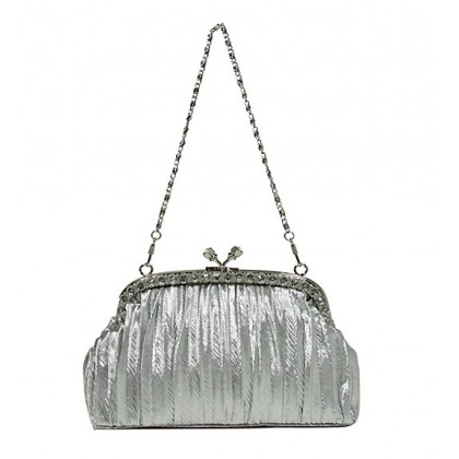 Evening Bag - 12 PCS - Pleated Clutch w/ Rhinestone Frame - Silver - BG-92056S